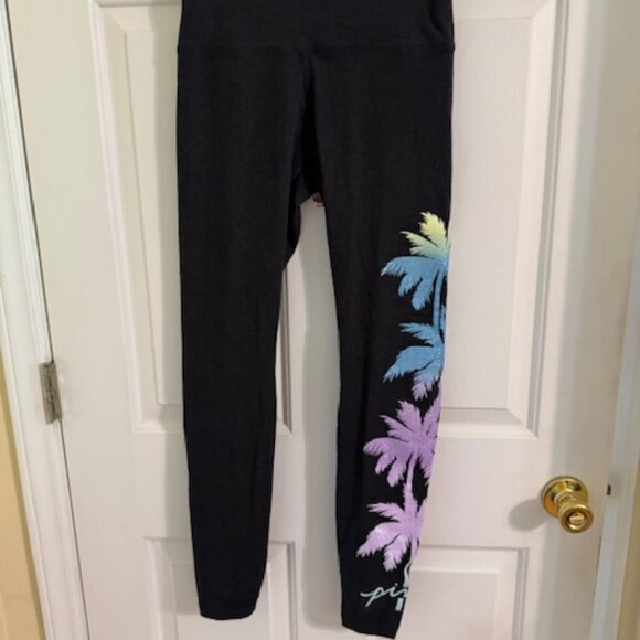Victoria's Secret PINK High-Waisted Leggings w/Palm Tree Graphic Dark Gray Sz S - Picture 1 of 6